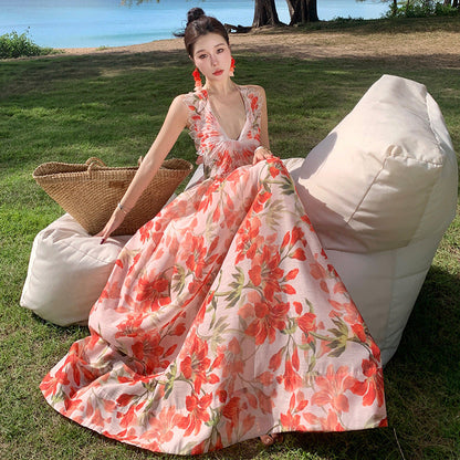Lily Flower Winged Halter Backless Maxi Dress – Elegant Summer Vacation Gown