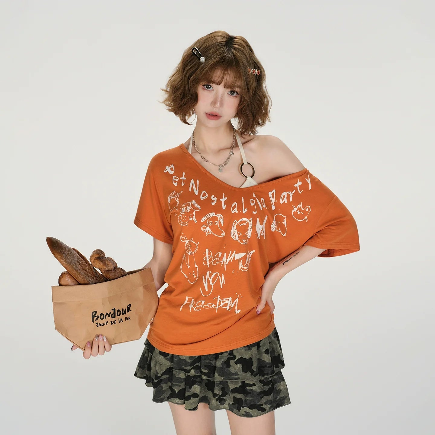 Girlyhalo Retro Baddie Print Off-Shoulder T-Shirt