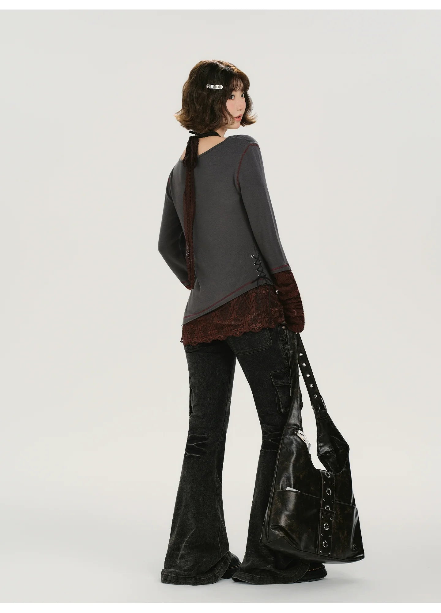 Girlyhalo Retro Patchwork Lace Distressed Long Sleeve T-Shirt