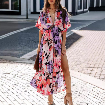 Women's Summer New Fashion Sexy High Waist Floral Print Slit Dress