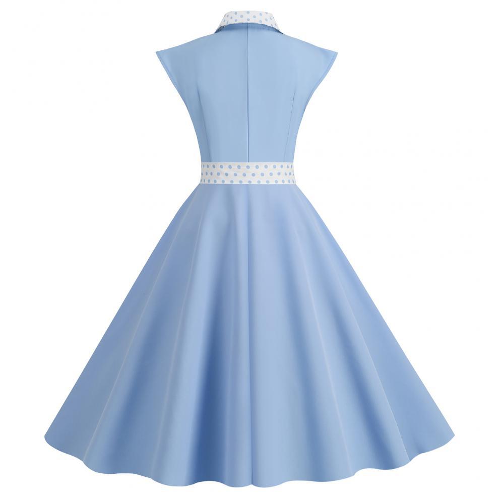 Elegant V-Neck Polka Dot & Solid Color A-Line Dress with Belt for Women