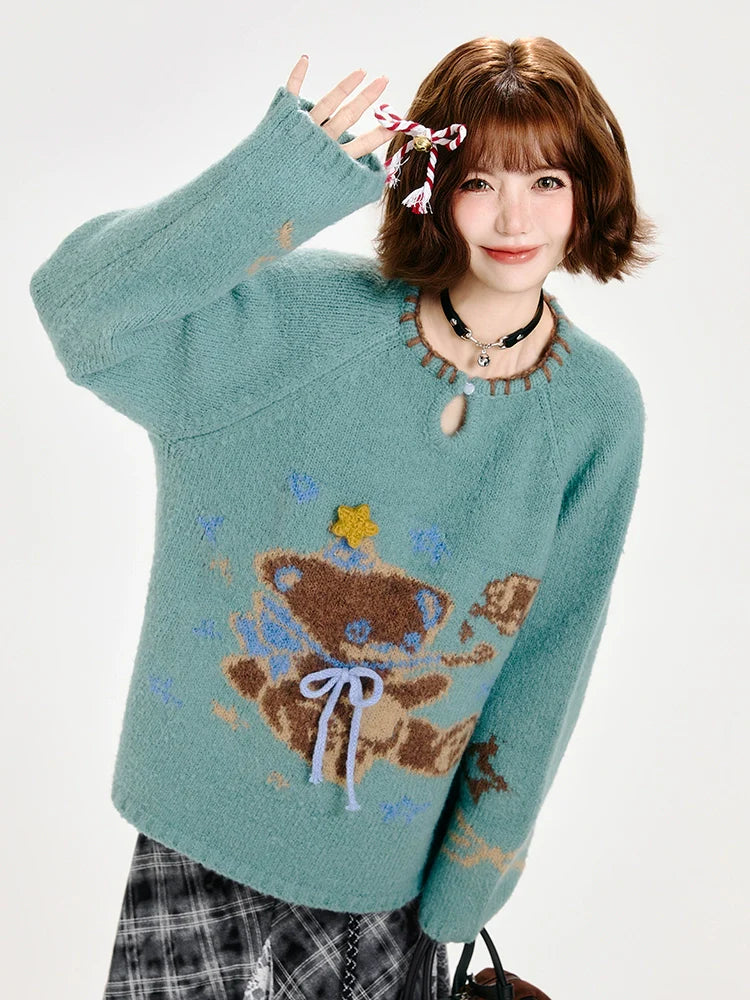 Girlyhalo Cozy Retro Bear Knit Sweater Women