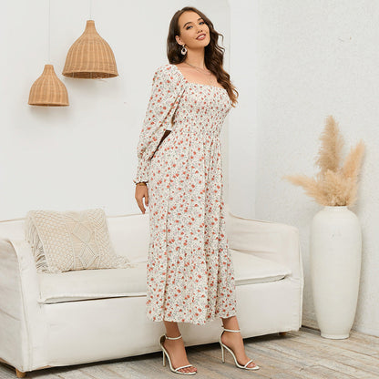 Women's Floral Print Square Neck Chiffon Dress