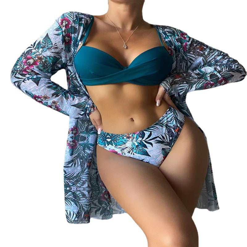 Women's 3-Piece Mesh Long Sleeve Cover-Up – Beach Bikini Set