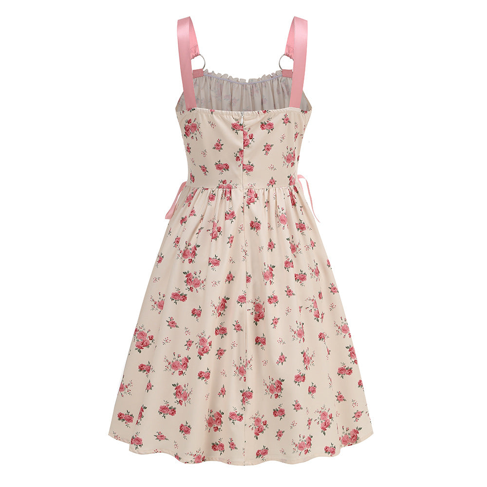 legant Floral Print O-Ring Strap Slimming Party Dress