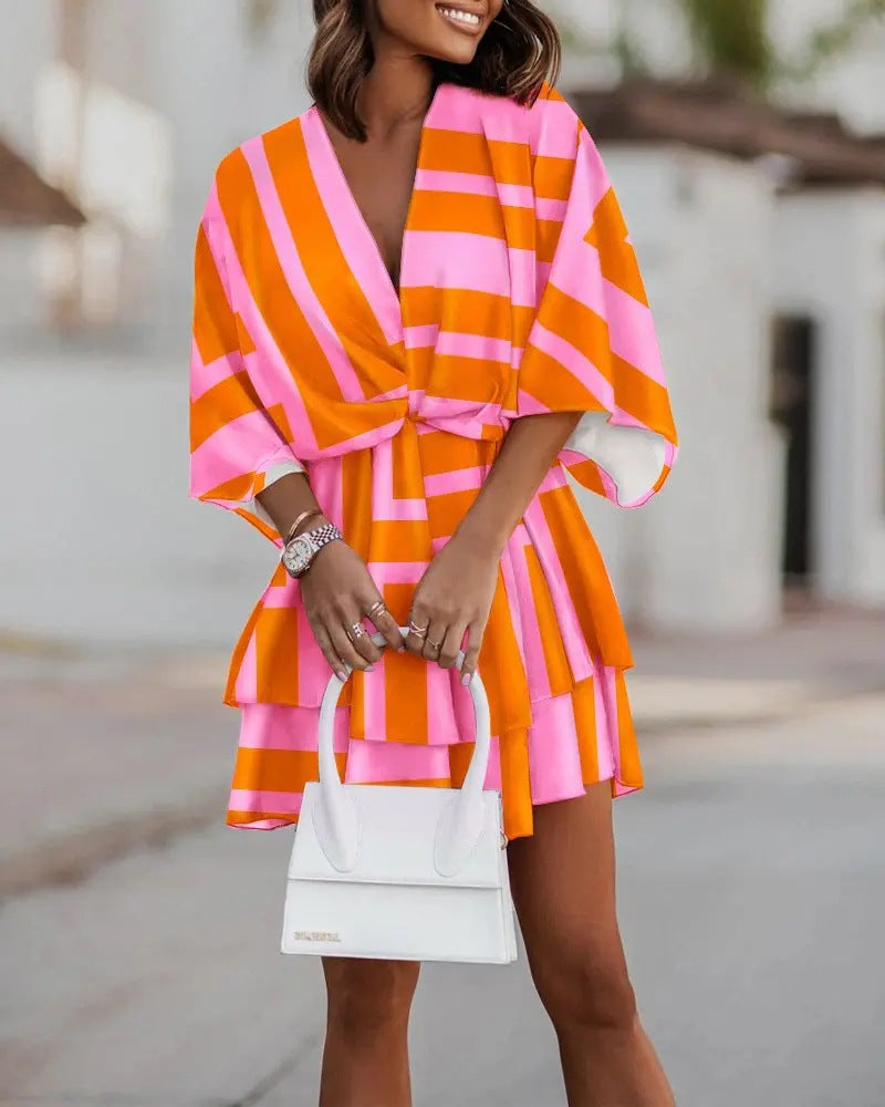 Casual V Neck Bat Sleeves Short Dresses