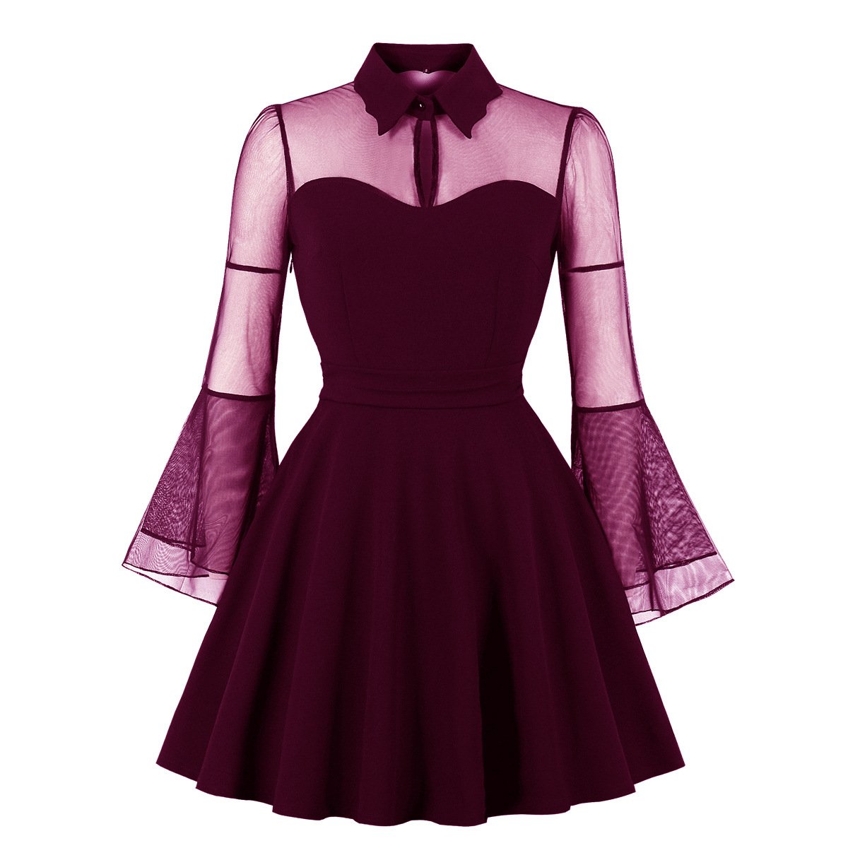 Plus Sizes Net Bell Sleeves Vintage Mini Dresses-Vintage Dresses-Purple Red-S-Free Shipping at meselling99