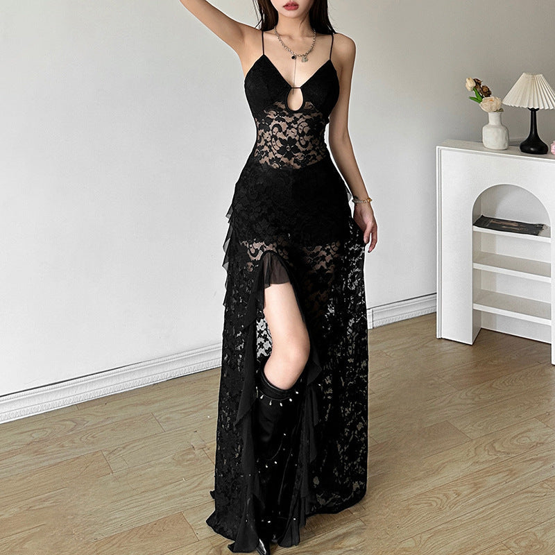 Summer Black Slim Fit High Waist V-Neck Mesh Slip Dress