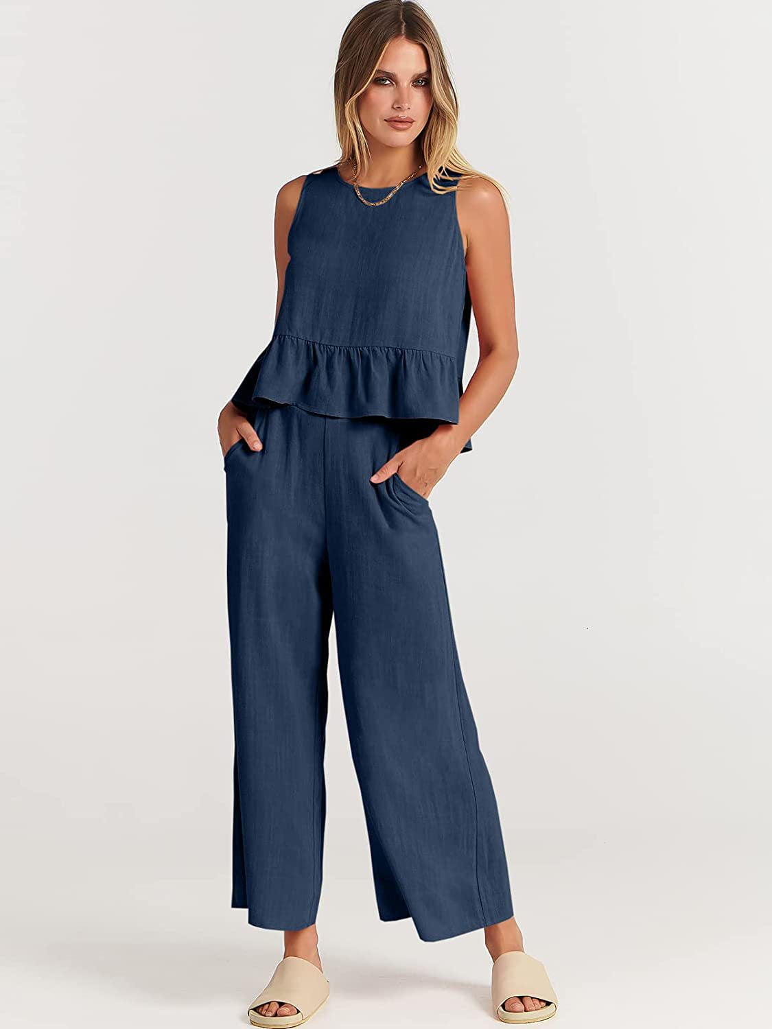 Women's Summer Sleeveless Pleated Vest & Wide-Leg Cropped Pants Casual Set