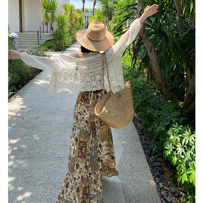 Bohemian Print High-Waisted Wide-Leg Flare Pants with Cami Top-Coat One Size-S-Free Shipping Leatheretro