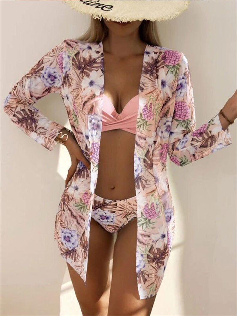 Women's 3-Piece Mesh Long Sleeve Cover-Up – Beach Bikini Set