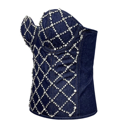 Vintage Diamond Studded Denim Corset Top