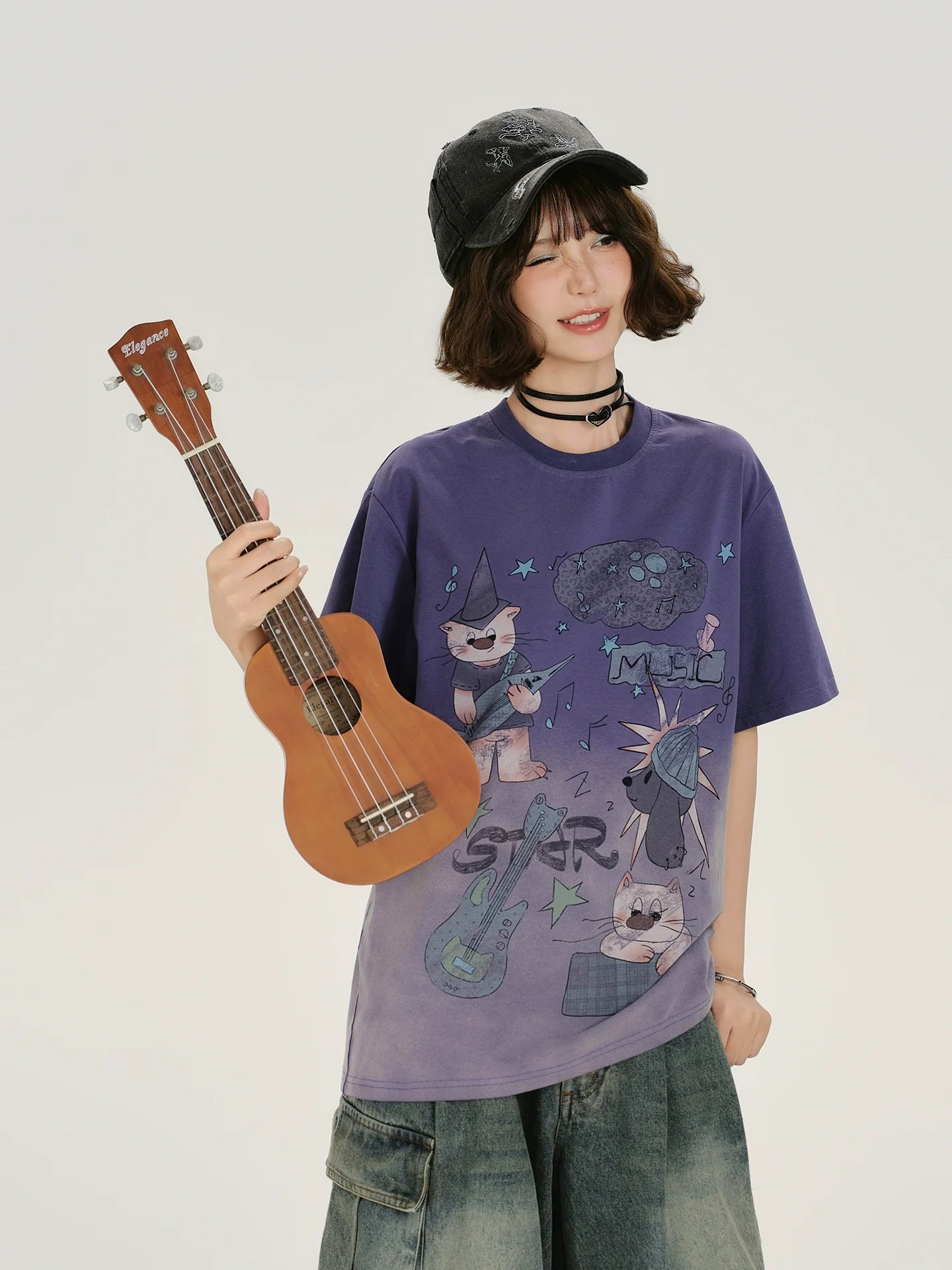 Girlyhalo Vintage Washed Purple Gradient Short Sleeve T-Shirt