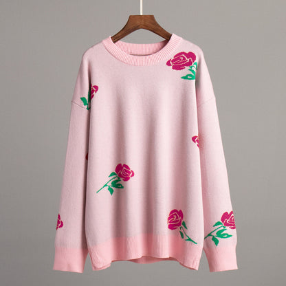 Fashion Rose Flowers Winter Knitted Women Sweaters
