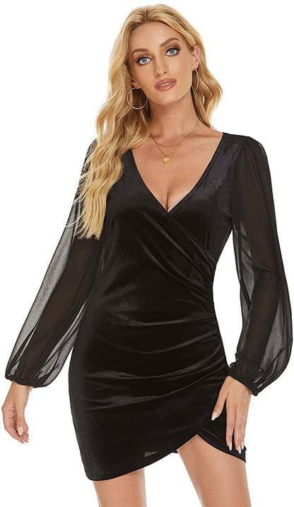 Sexy V Neck Long Sleeves Party Dresses-Dresses-Black-S-Free Shipping at meselling99