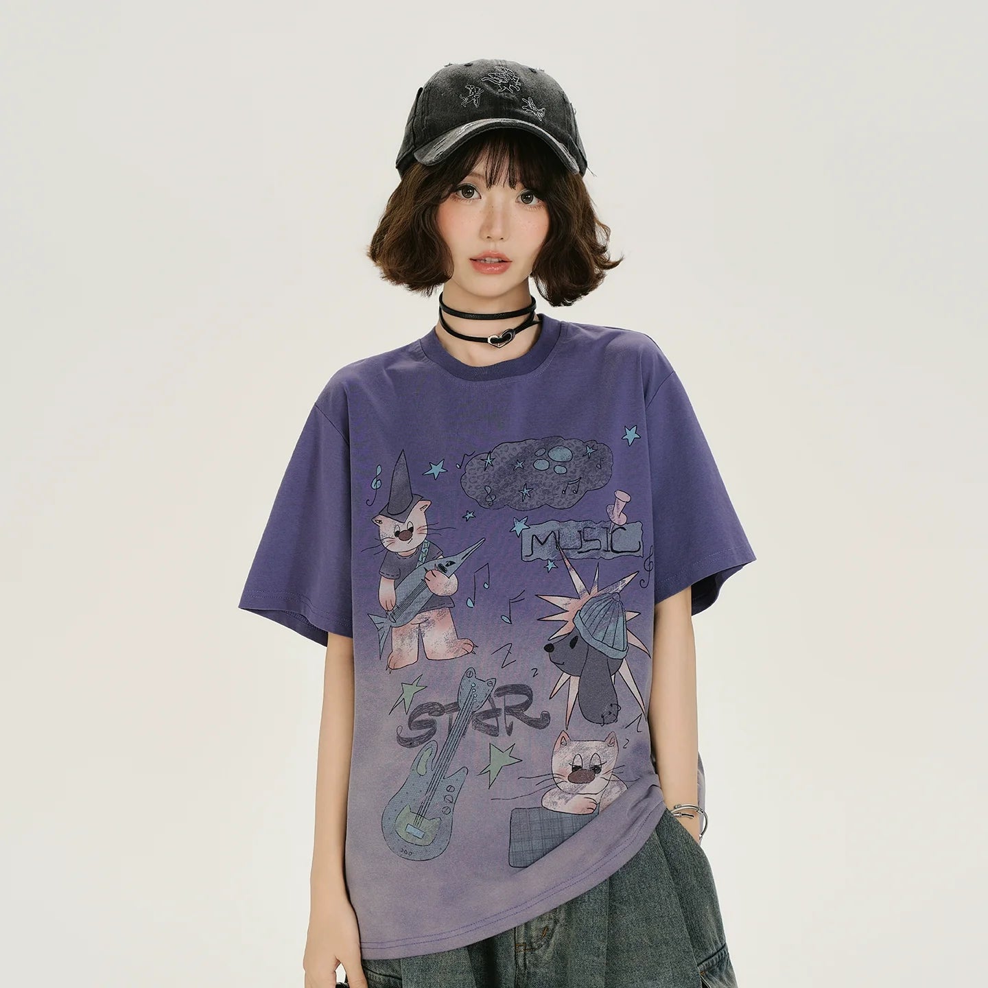 Girlyhalo Vintage Washed Purple Gradient Short Sleeve T-Shirt