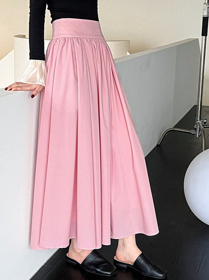 Elegant Pink Midi Skirt – Flowy A-Line Pleated Skirt with High Waist