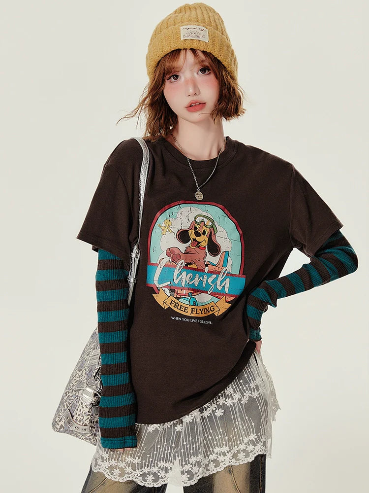 Girlyhalo Retro Fake Two-Piece Round Neck Long Sleeve T-Shirt-Color matching without lace-S-Free Shipping Leatheretro