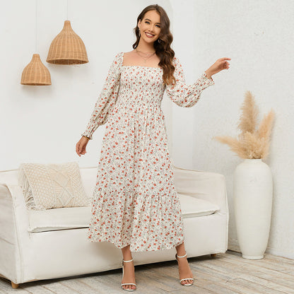 Women's Floral Print Square Neck Chiffon Dress