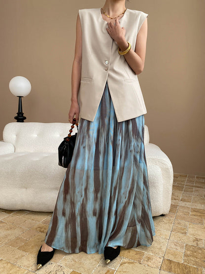 High-Waisted Long Hemline Skirt with Watercolor-Ink Drape