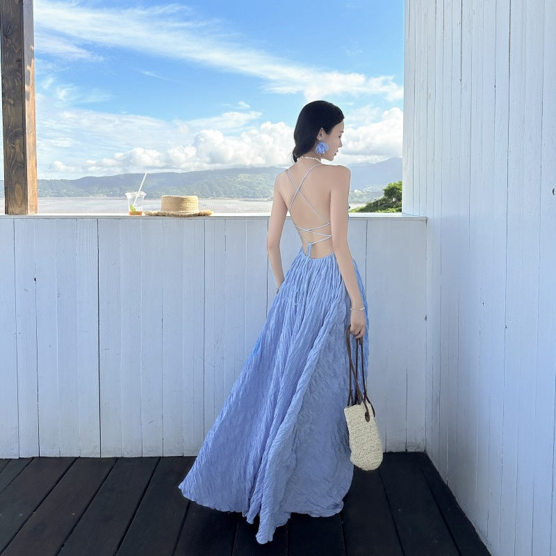 Summer Waves Blue Backless Maxi Dress