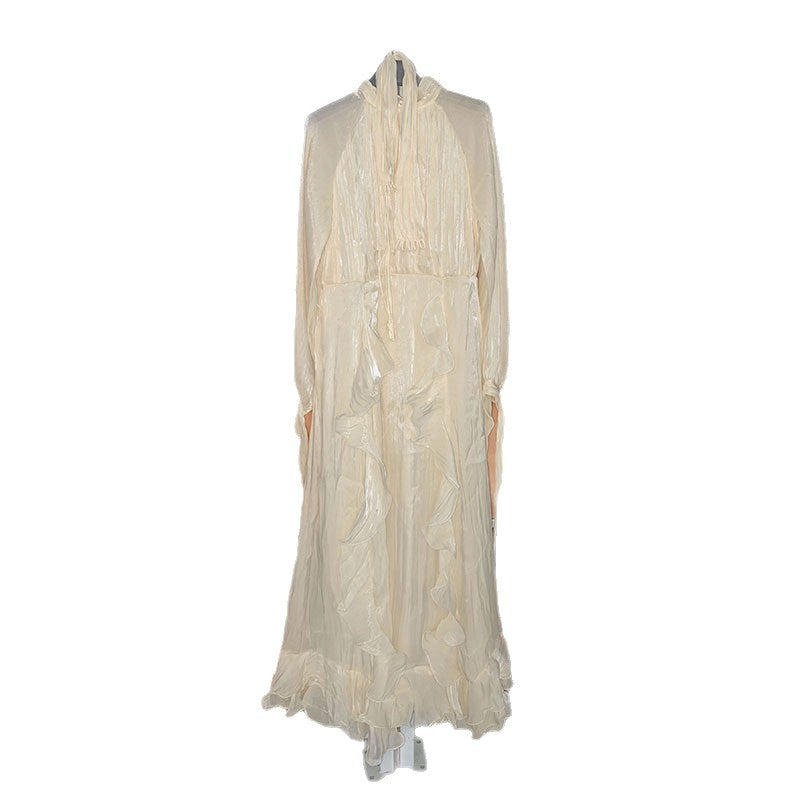 Summer Stand Collar Lantern Sleeve Ruffled Waist Dress for Women