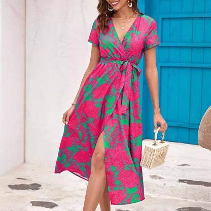 Summer Floral Print V-Neck Split Hem Midi Dress