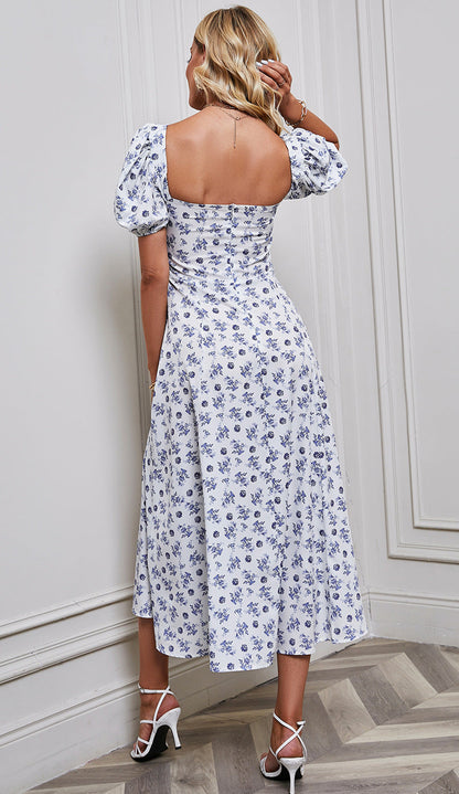 Women's Fashion Floral Print Bubble Sleeve Tie-Front Bustier Slit Dress