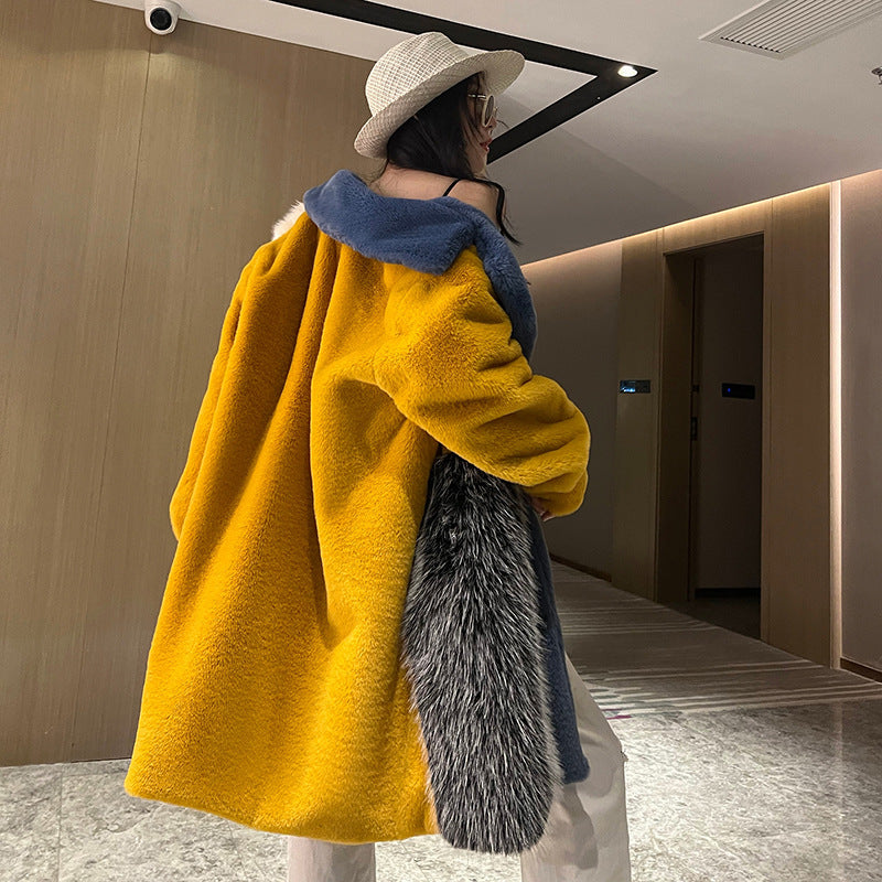 Winter Faux Fur Jacket with Contrast Collar, Oversized Outerwear