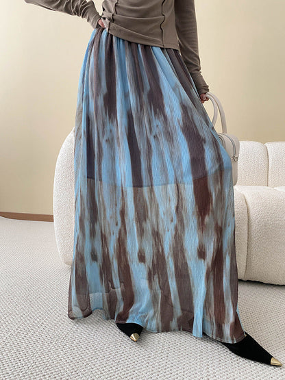 High-Waisted Long Hemline Skirt with Watercolor-Ink Drape