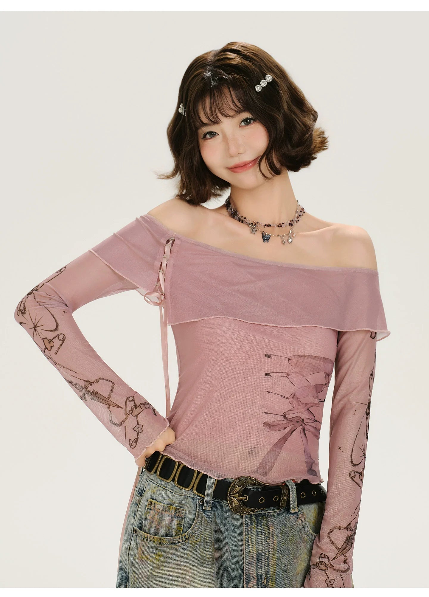 Girlyhalo Retro Vintage Print Off-Shoulder Long Sleeve T-Shirt