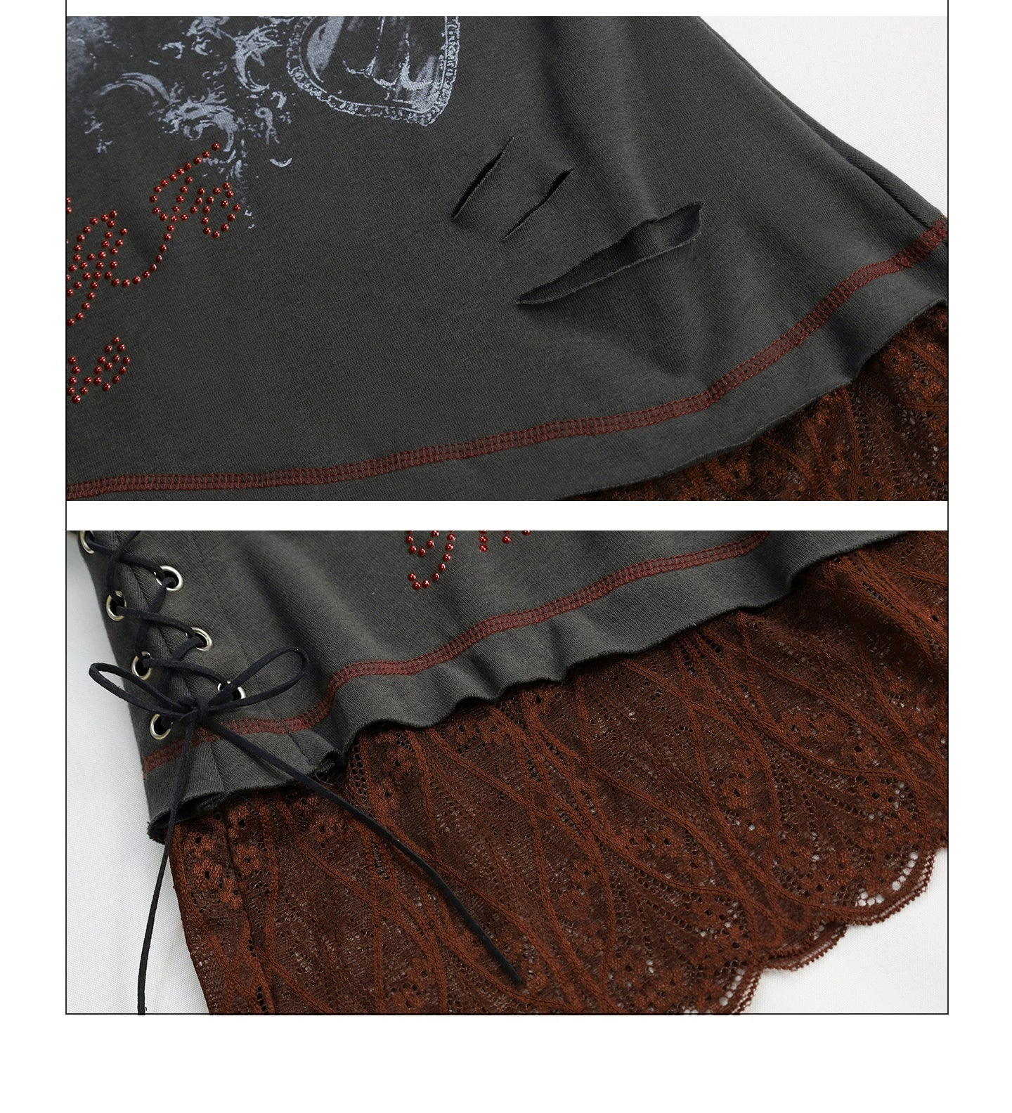 Girlyhalo Retro Patchwork Lace Distressed Long Sleeve T-Shirt