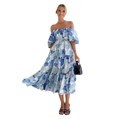 Flutter Sleeve High Waist Off-Shoulder Print Dress