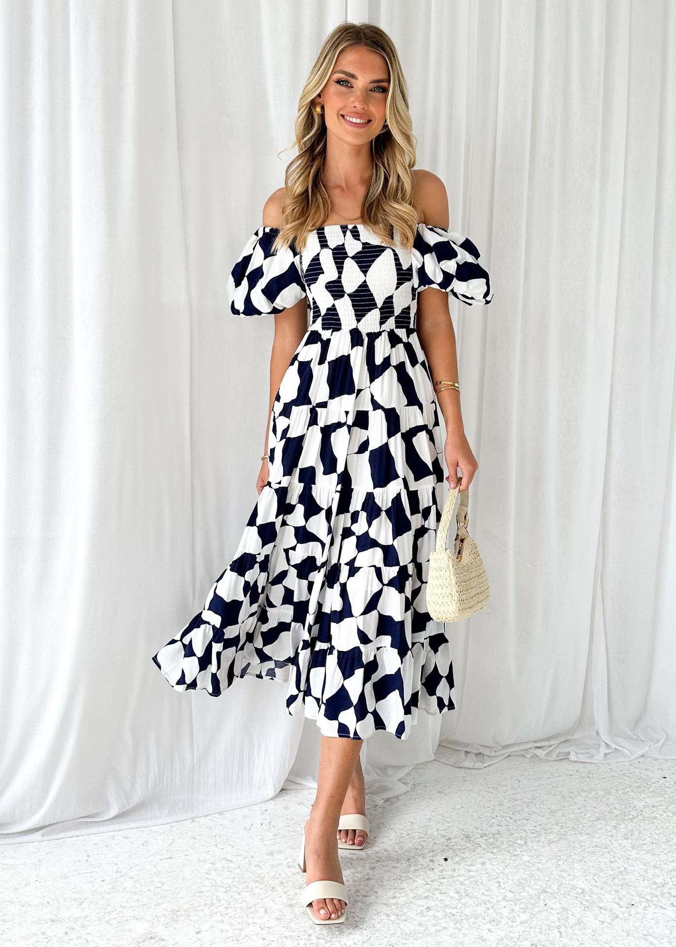 Spring Summer Off-Shoulder Floral Print Puff Sleeve Dress