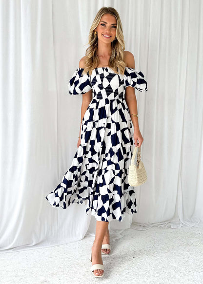 Spring Summer Off-Shoulder Floral Print Puff Sleeve Dress