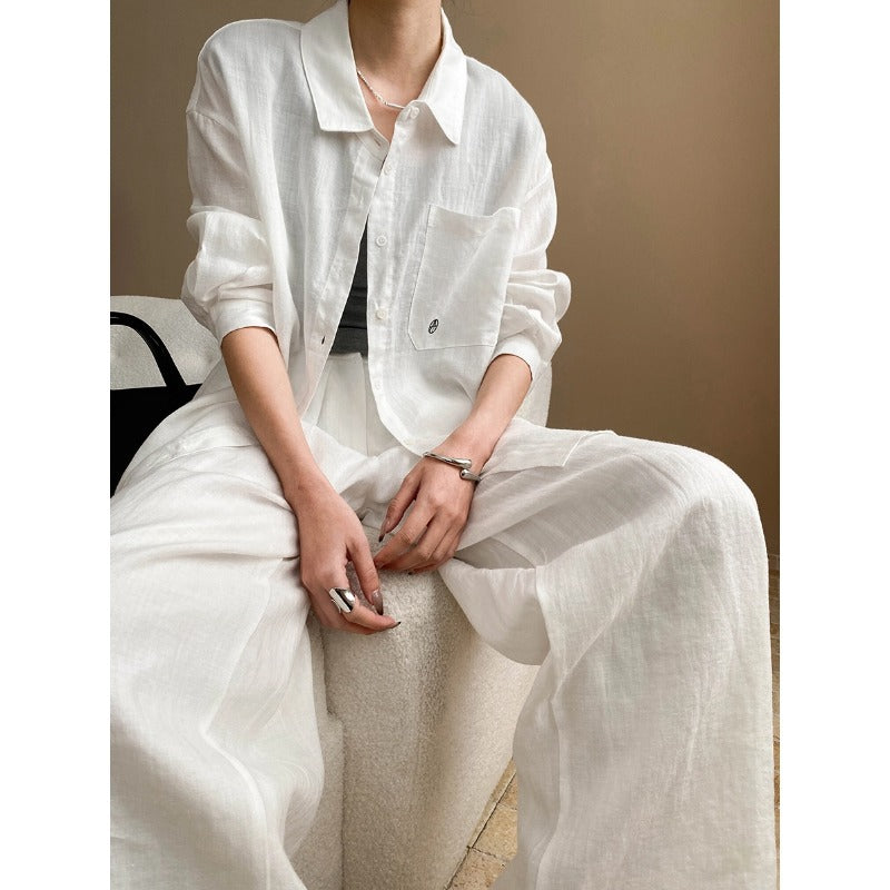 Luxury 100% Linen Sun Protection Shirt & Wide-Leg Pants Set – Breathable & Stylish