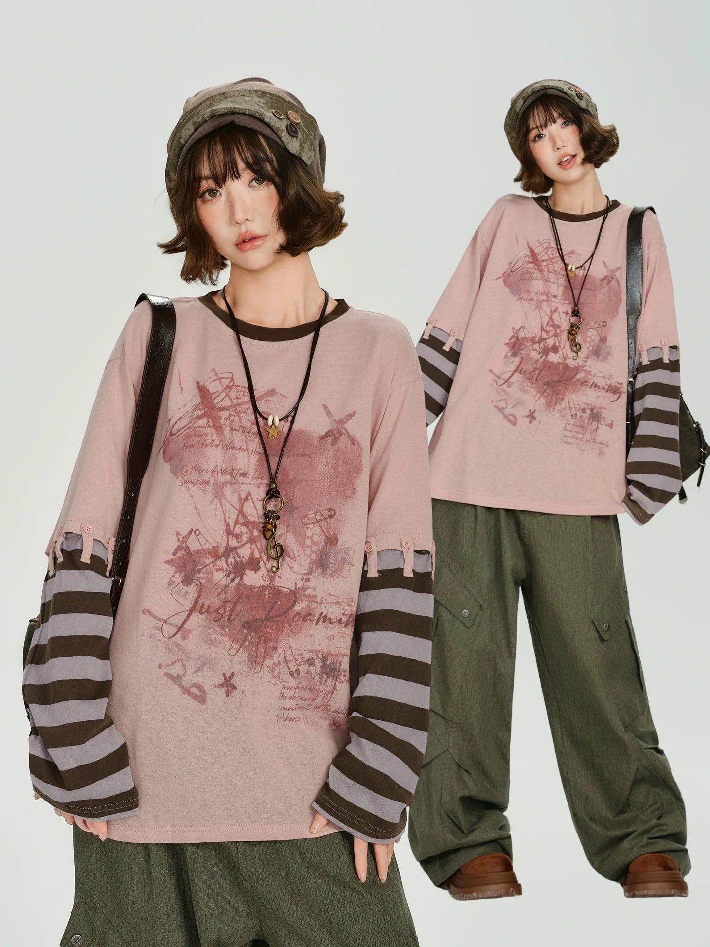 Girlyhalo Retro Vintage Two-Tier Layered Long Sleeve T-Shirt for Women