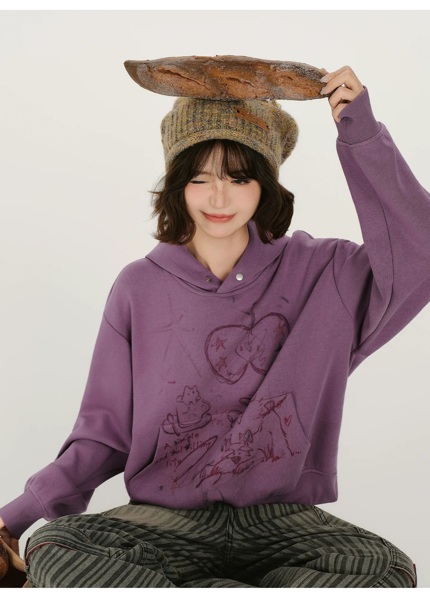 Girlyhalo Retro Print Distressed Hooded Long-Sleeve Sweatshirt