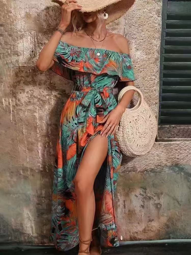 Women's Summer Off-Shoulder Ruffled Tie-Waist Dress