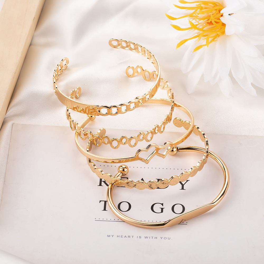 5-Piece Bracelet Set – LOVE Letter Open Bangle & Double Heart Bracelet (Boho Chic Jewelry)
