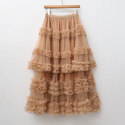 Layered Tulle Skirt - High Waist Ruffled Lace Trim Semi-Formal Skirt