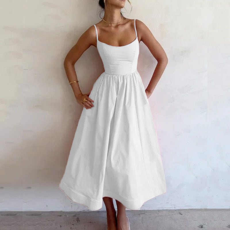 Sexy U-Neck Belted Ruffle Strap Flared Dress