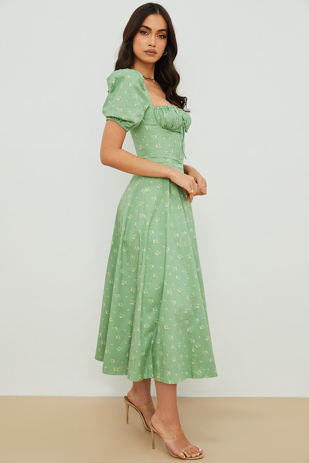Women's Floral Wrap Slit Maxi Dress with Puff Sleeves