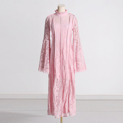 Retro Elegant Summer Lace Embroidered High-Waist Pleated Dress