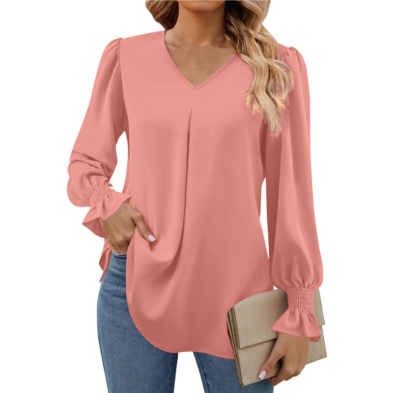 Women's Solid Color Chiffon V-Neck Bell Sleeve Blouse