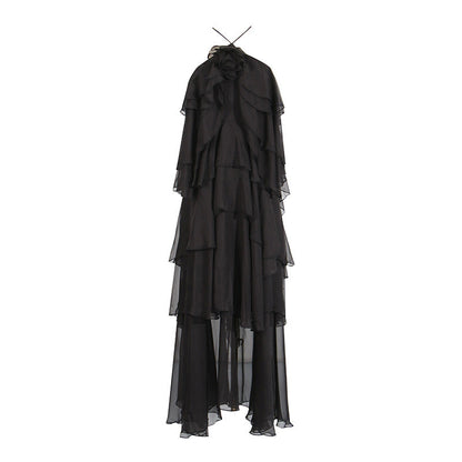 Elegant High-Society Style Dress – Off-Shoulder Backless Maxi Dress with Layered Hem
