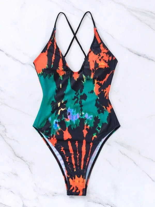 Ombre Tie-Dye Print One-Piece Swimsuit Sexy Bikini for Women