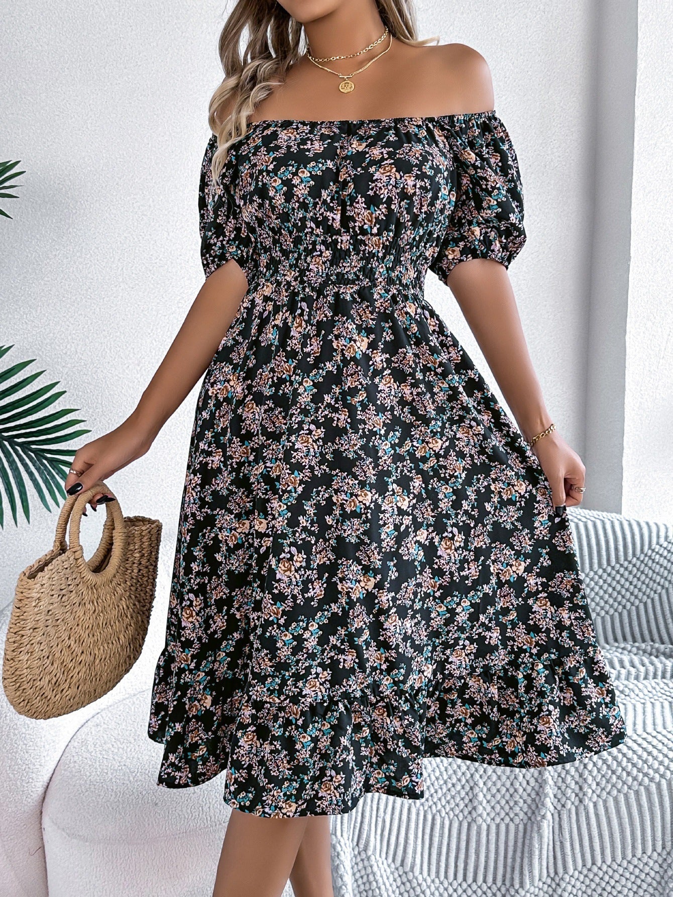 Floral Print Square Neck Short Sleeve Wrap Waist Ruffle Hem Dress
