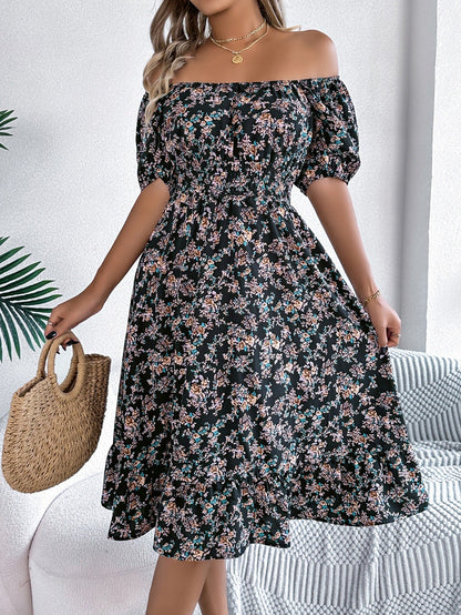 Floral Print Square Neck Short Sleeve Wrap Waist Ruffle Hem Dress
