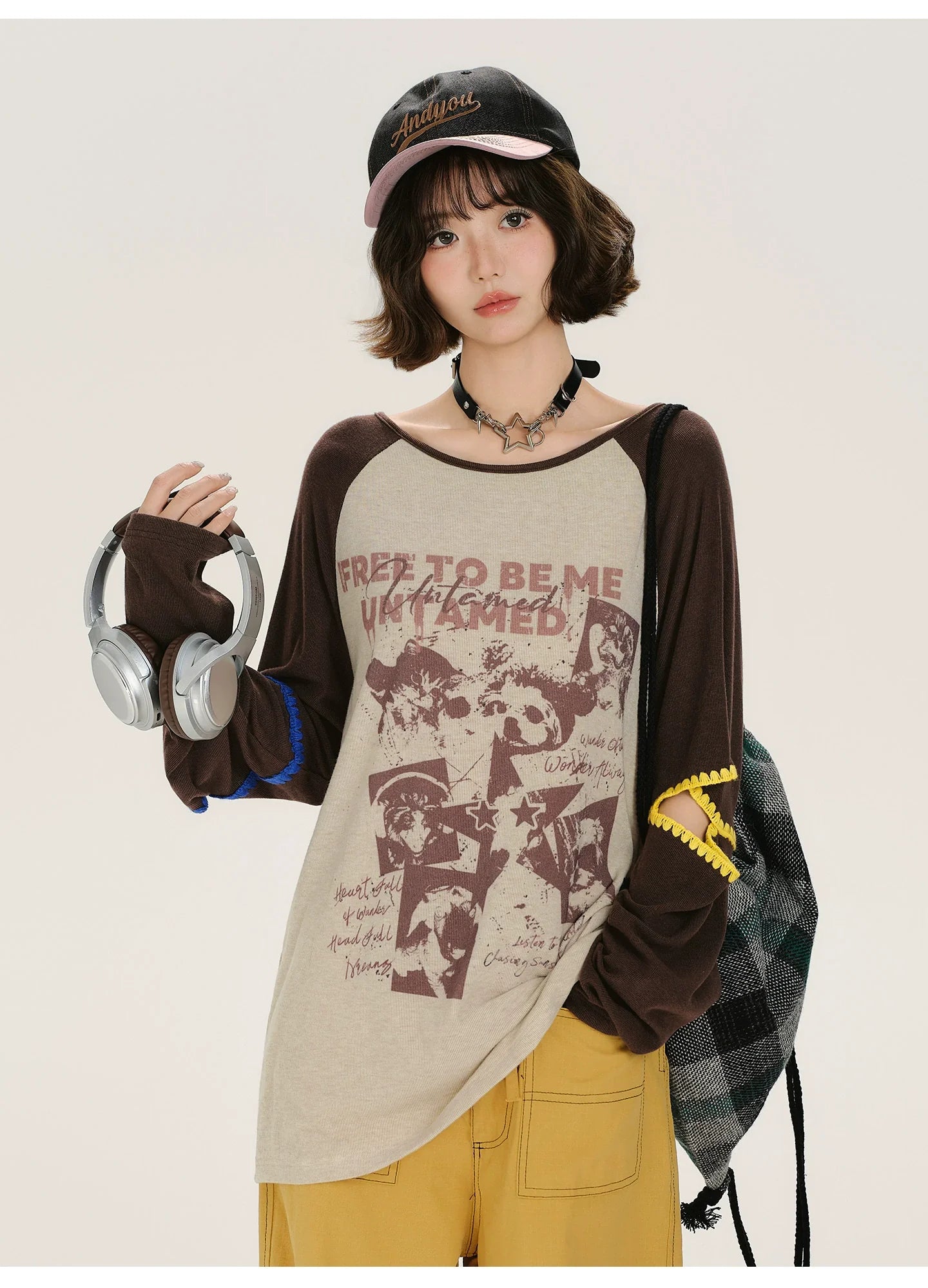 Girlyhalo Retro Print Color-Block Long Sleeve T-Shirt